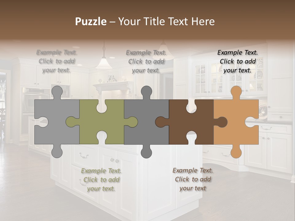 A Large Kitchen With White Cabinets And A Center Island PowerPoint Template