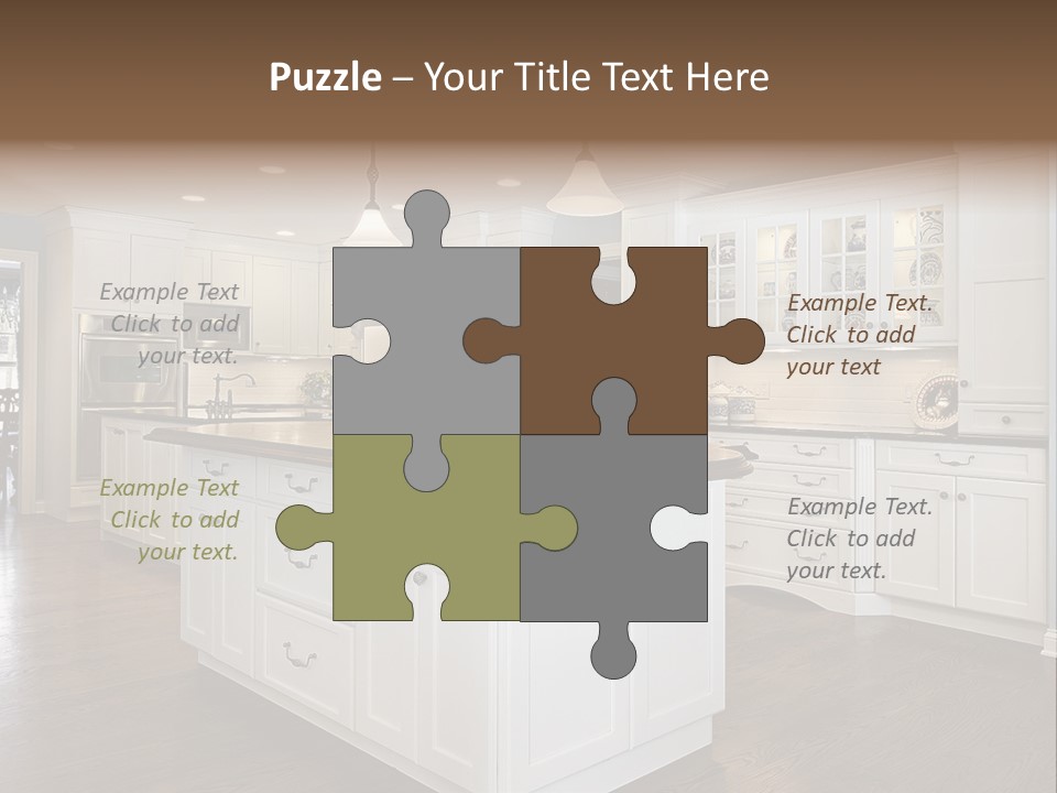 A Large Kitchen With White Cabinets And A Center Island PowerPoint Template