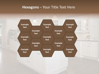 A Large Kitchen With White Cabinets And A Center Island PowerPoint Template