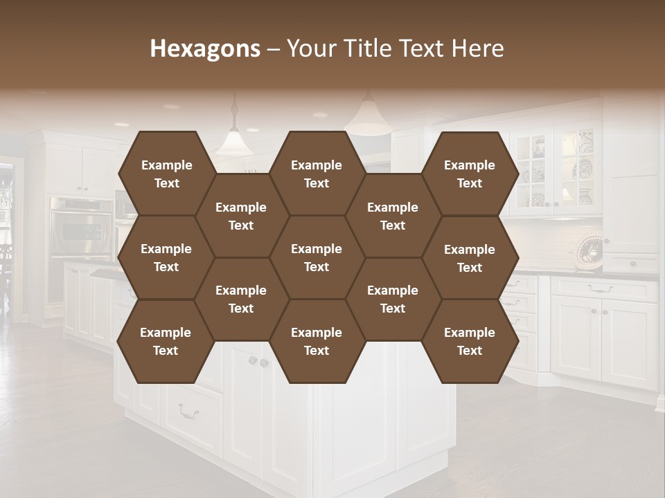 A Large Kitchen With White Cabinets And A Center Island PowerPoint Template