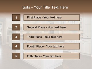 A Large Kitchen With White Cabinets And A Center Island PowerPoint Template