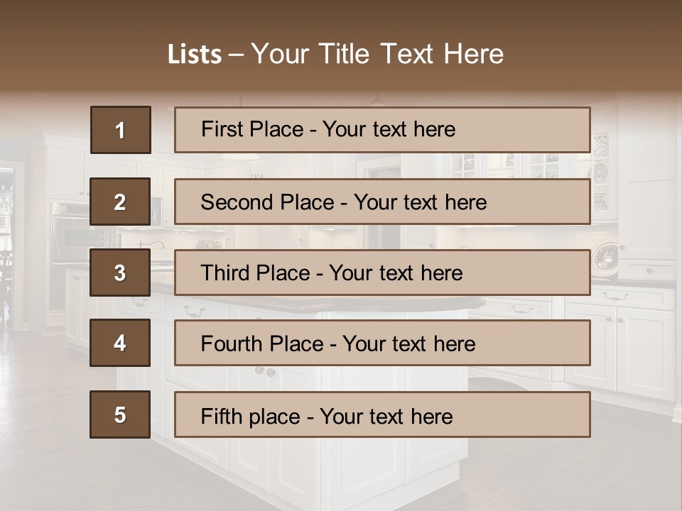 A Large Kitchen With White Cabinets And A Center Island PowerPoint Template