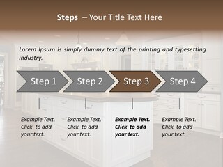 A Large Kitchen With White Cabinets And A Center Island PowerPoint Template
