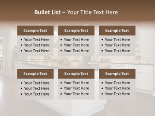 A Large Kitchen With White Cabinets And A Center Island PowerPoint Template