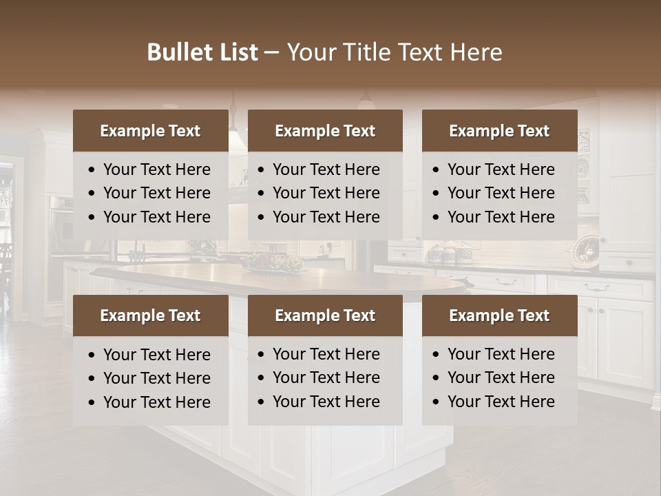 A Large Kitchen With White Cabinets And A Center Island PowerPoint Template