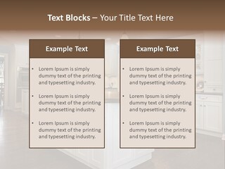 A Large Kitchen With White Cabinets And A Center Island PowerPoint Template