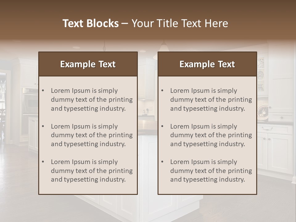 A Large Kitchen With White Cabinets And A Center Island PowerPoint Template