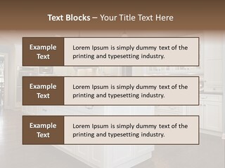 A Large Kitchen With White Cabinets And A Center Island PowerPoint Template