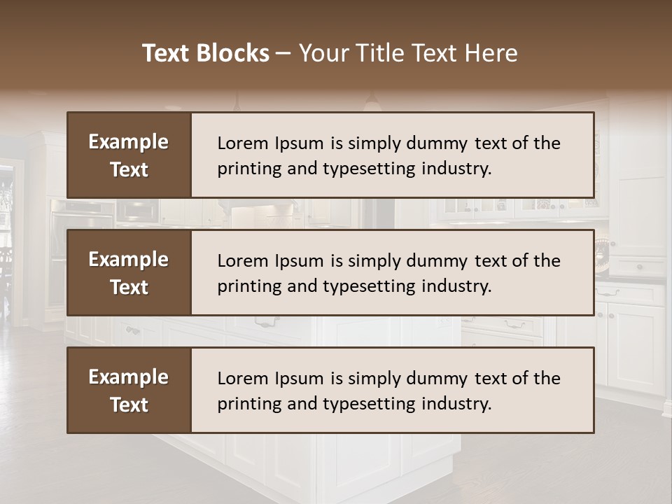 A Large Kitchen With White Cabinets And A Center Island PowerPoint Template