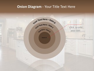 A Large Kitchen With White Cabinets And A Center Island PowerPoint Template