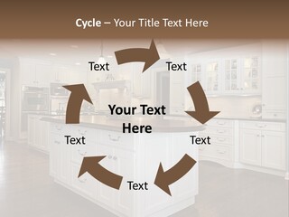 A Large Kitchen With White Cabinets And A Center Island PowerPoint Template