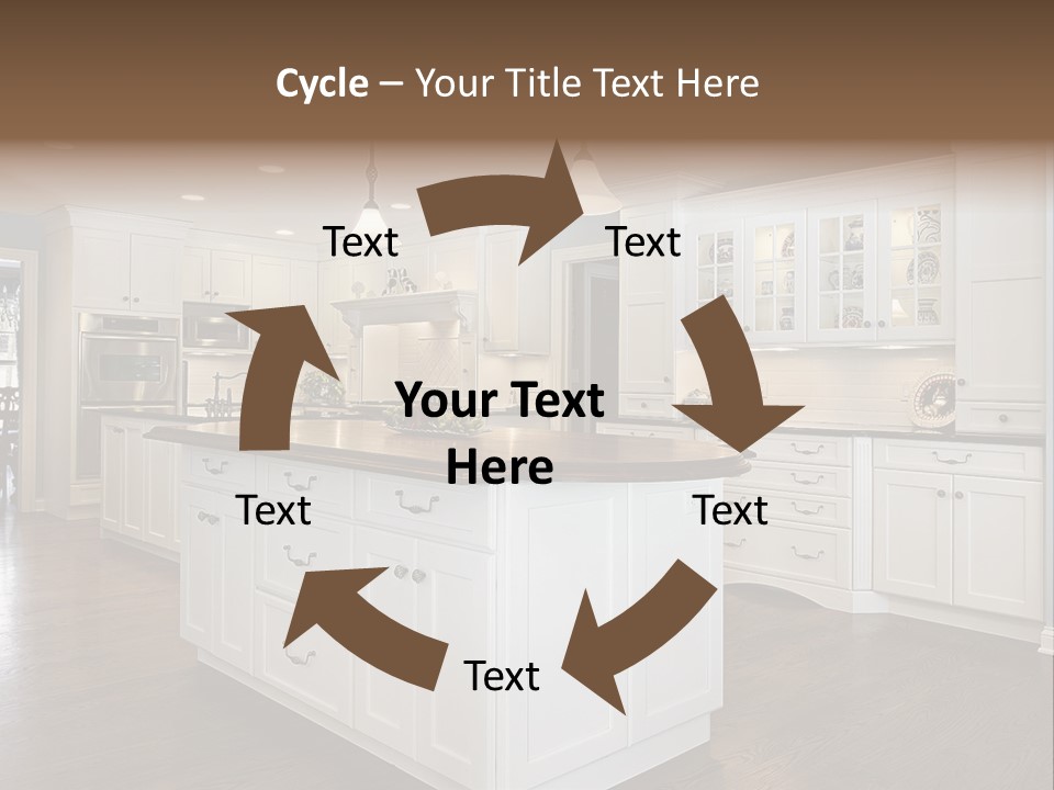 A Large Kitchen With White Cabinets And A Center Island PowerPoint Template