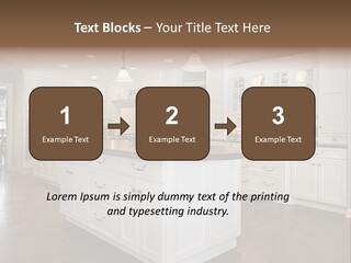 A Large Kitchen With White Cabinets And A Center Island PowerPoint Template