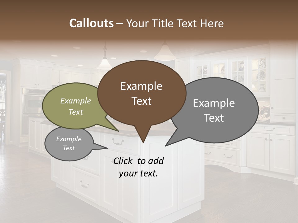 A Large Kitchen With White Cabinets And A Center Island PowerPoint Template