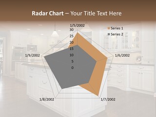 A Large Kitchen With White Cabinets And A Center Island PowerPoint Template