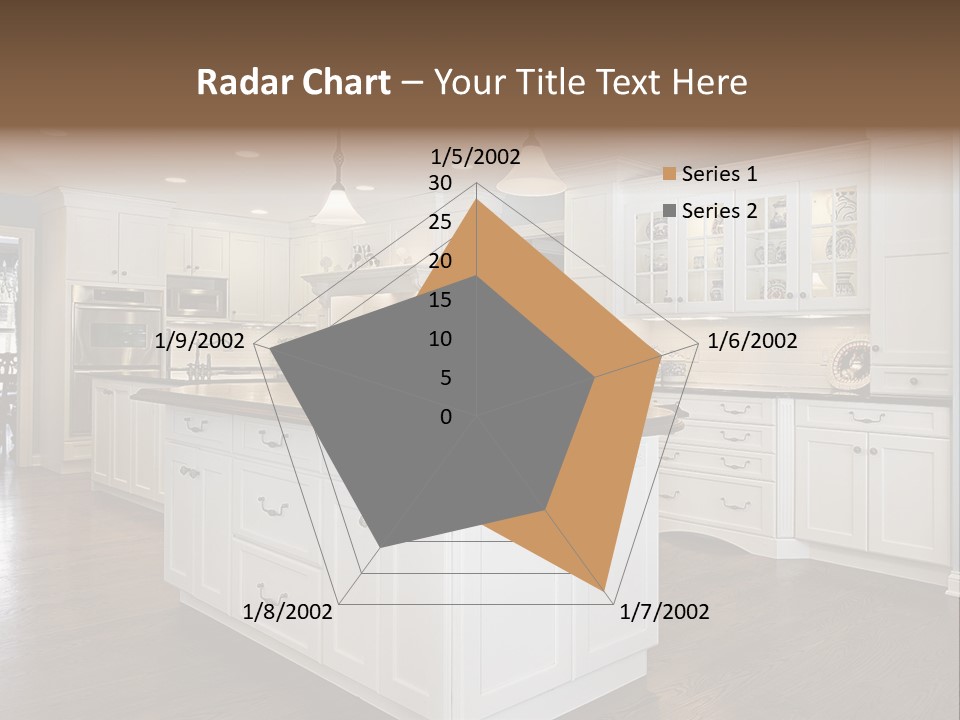 A Large Kitchen With White Cabinets And A Center Island PowerPoint Template