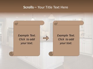 A Large Kitchen With White Cabinets And A Center Island PowerPoint Template