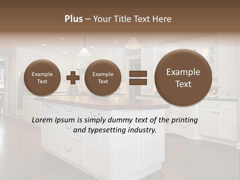 A Large Kitchen With White Cabinets And A Center Island PowerPoint Template