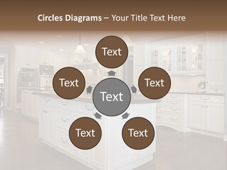 A Large Kitchen With White Cabinets And A Center Island PowerPoint Template
