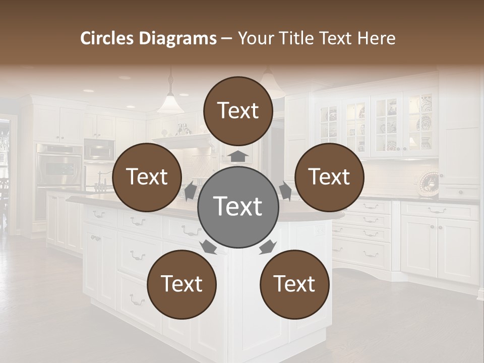 A Large Kitchen With White Cabinets And A Center Island PowerPoint Template