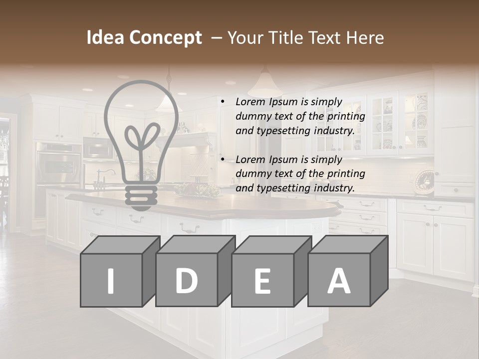 A Large Kitchen With White Cabinets And A Center Island PowerPoint Template