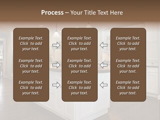 A Large Kitchen With White Cabinets And A Center Island PowerPoint Template