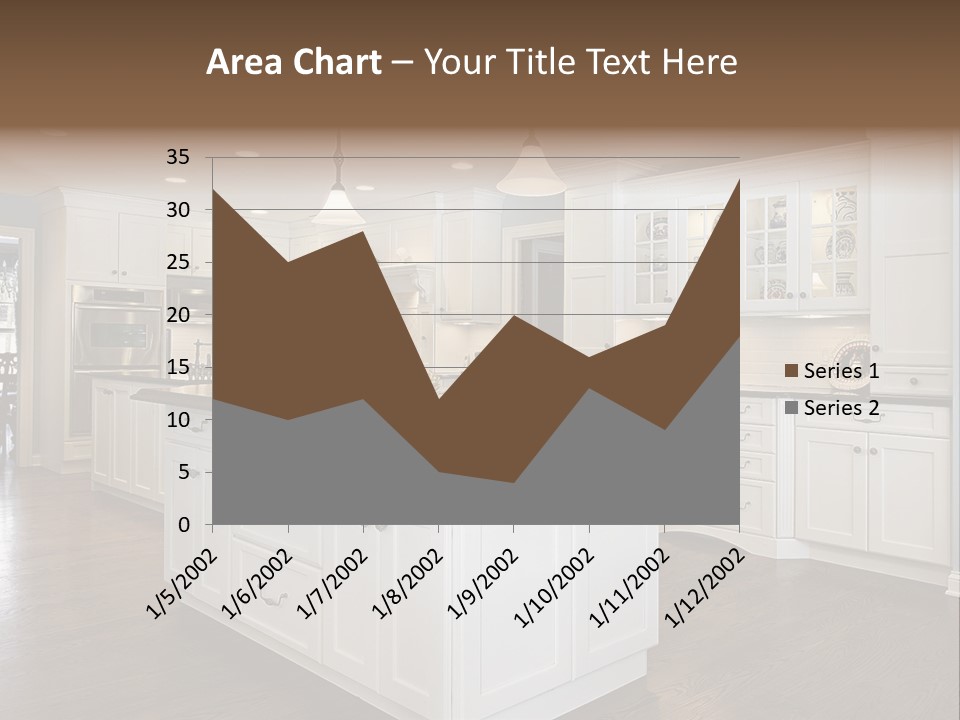 A Large Kitchen With White Cabinets And A Center Island PowerPoint Template
