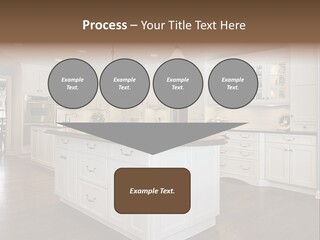 A Large Kitchen With White Cabinets And A Center Island PowerPoint Template