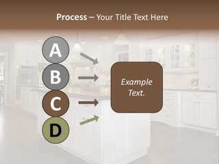 A Large Kitchen With White Cabinets And A Center Island PowerPoint Template