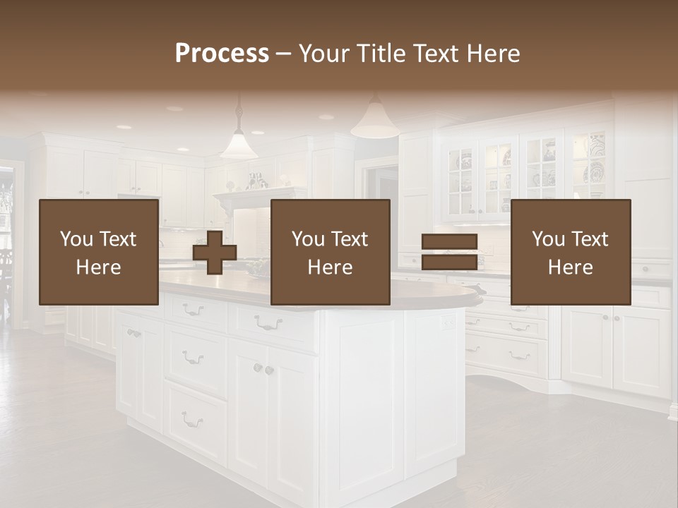 A Large Kitchen With White Cabinets And A Center Island PowerPoint Template