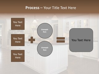 A Large Kitchen With White Cabinets And A Center Island PowerPoint Template