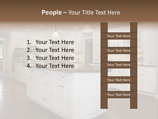 A Large Kitchen With White Cabinets And A Center Island PowerPoint Template