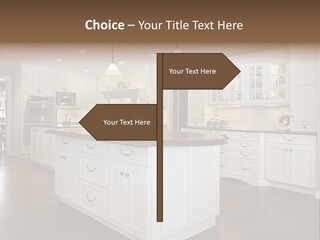 A Large Kitchen With White Cabinets And A Center Island PowerPoint Template