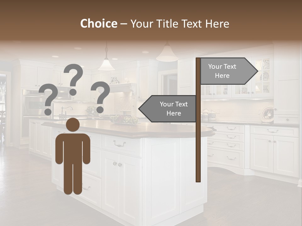 A Large Kitchen With White Cabinets And A Center Island PowerPoint Template