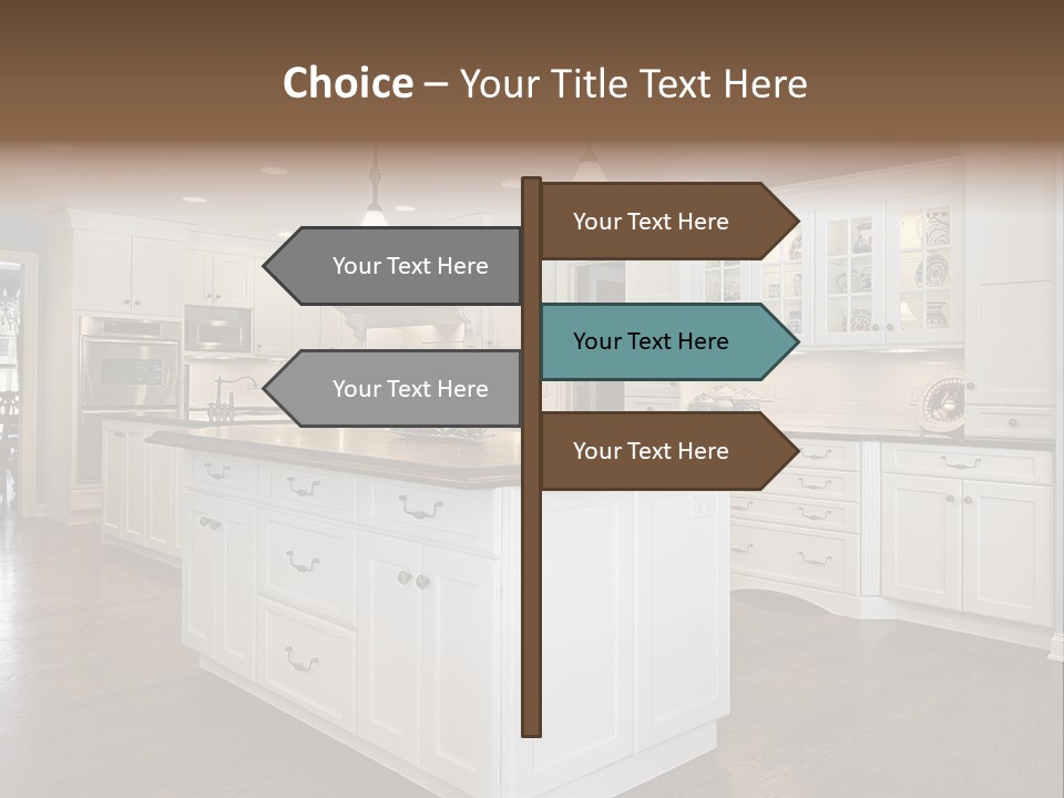 A Large Kitchen With White Cabinets And A Center Island PowerPoint Template