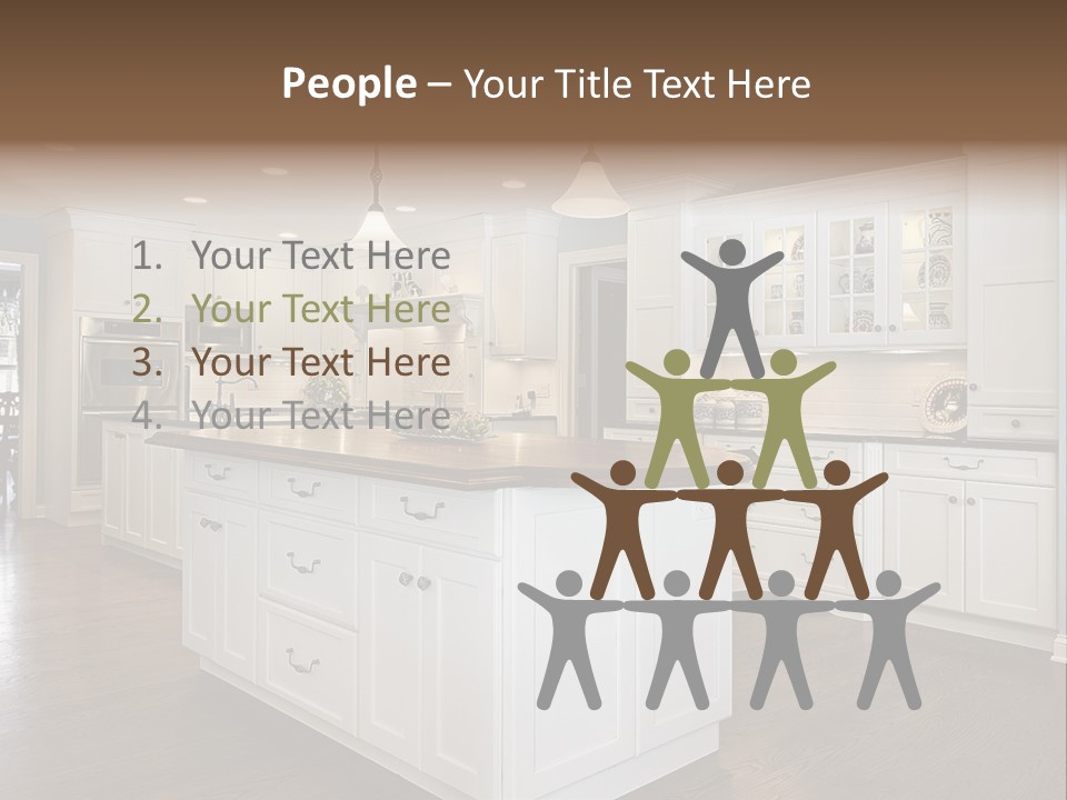 A Large Kitchen With White Cabinets And A Center Island PowerPoint Template