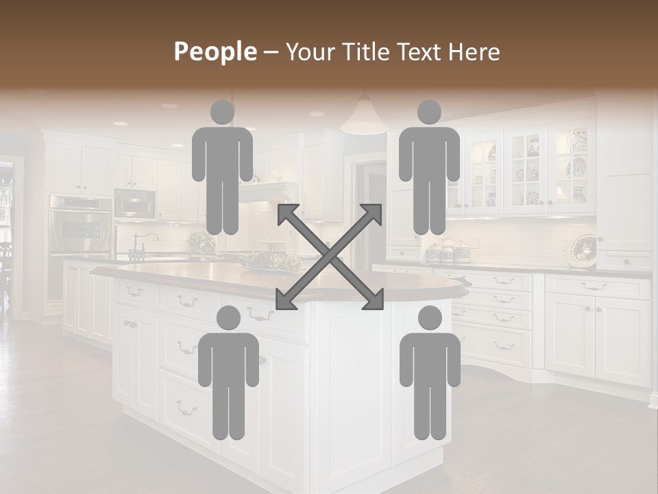 A Large Kitchen With White Cabinets And A Center Island PowerPoint Template