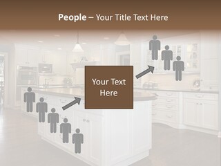 A Large Kitchen With White Cabinets And A Center Island PowerPoint Template