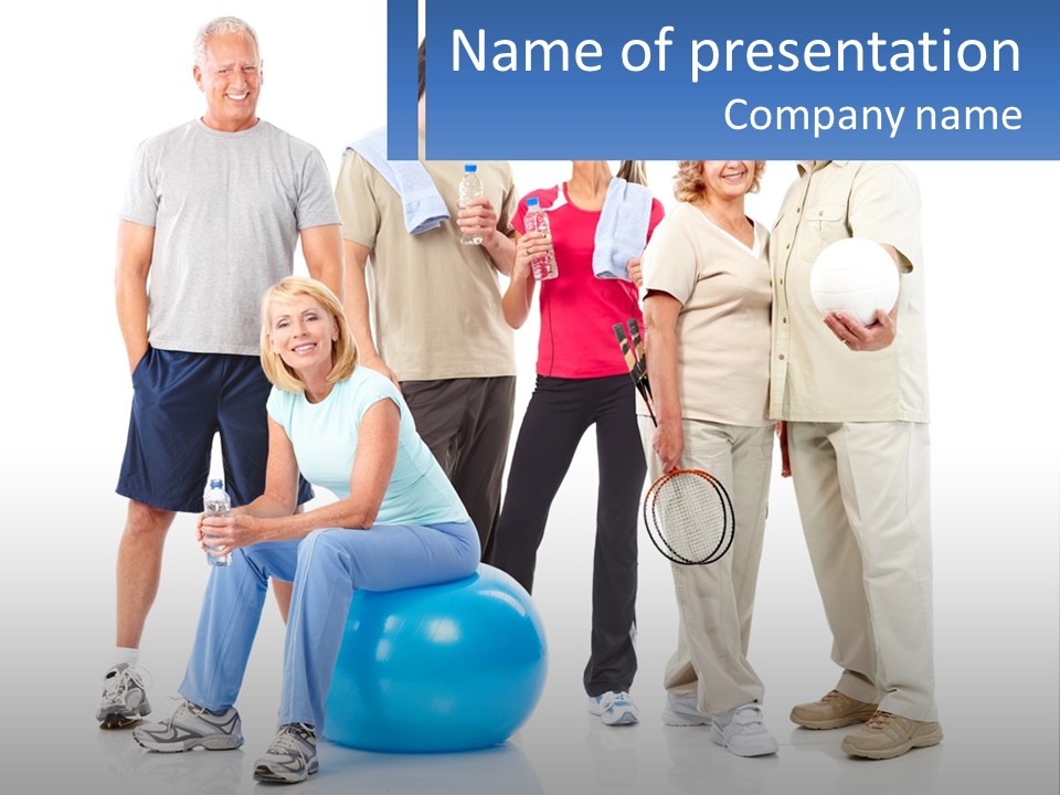 A Group Of People Standing Around A Blue Ball PowerPoint Template