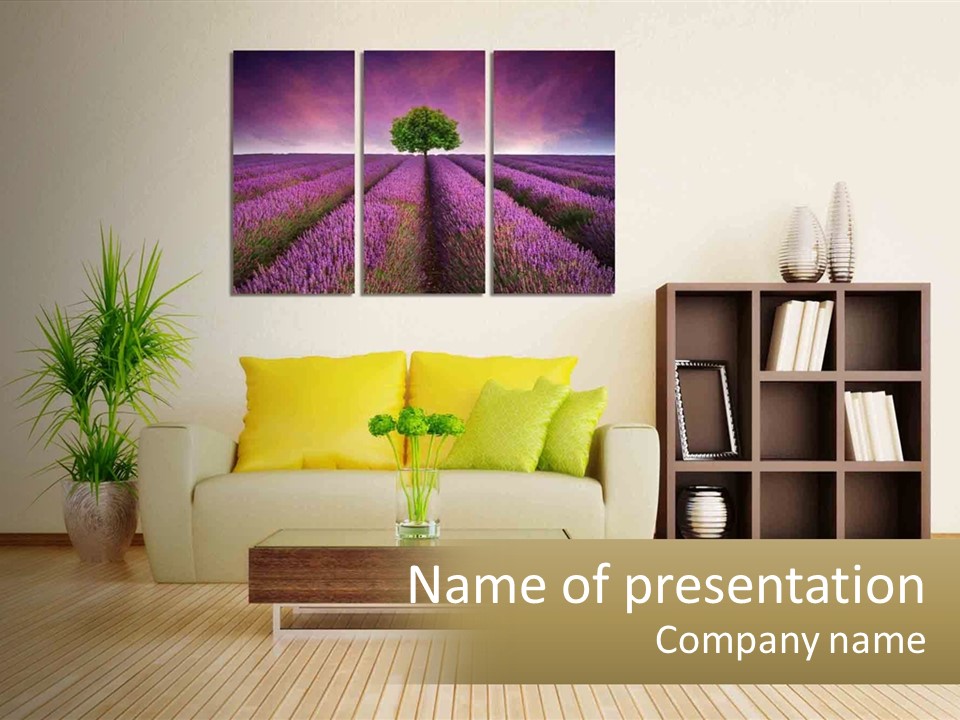 A Living Room With A Couch And Paintings On The Wall PowerPoint Template