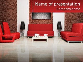 A Living Room Filled With Red Furniture And A White Coffee Table PowerPoint Template