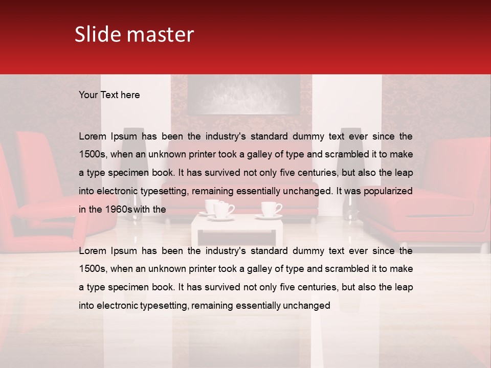 A Living Room Filled With Red Furniture And A White Coffee Table PowerPoint Template