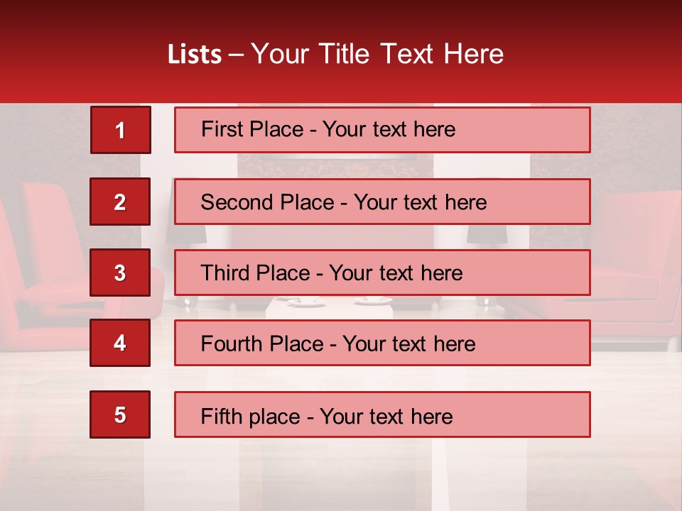 A Living Room Filled With Red Furniture And A White Coffee Table PowerPoint Template