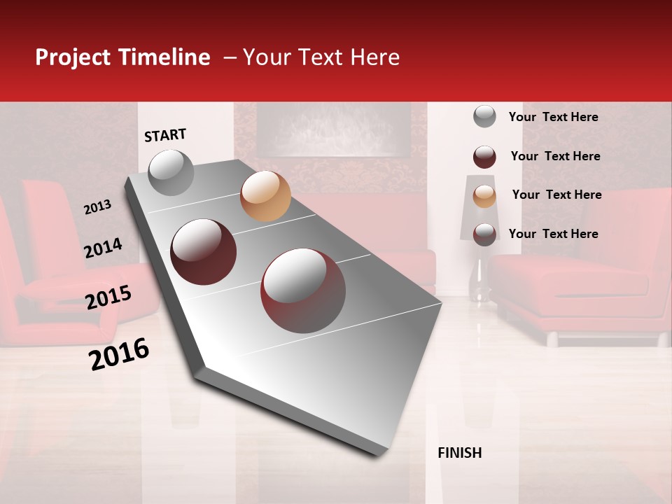 A Living Room Filled With Red Furniture And A White Coffee Table PowerPoint Template