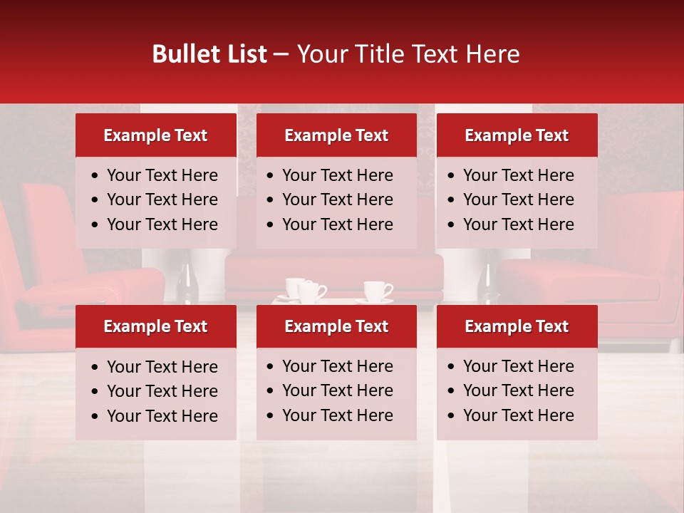 A Living Room Filled With Red Furniture And A White Coffee Table PowerPoint Template