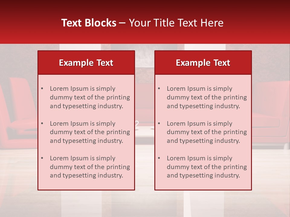 A Living Room Filled With Red Furniture And A White Coffee Table PowerPoint Template