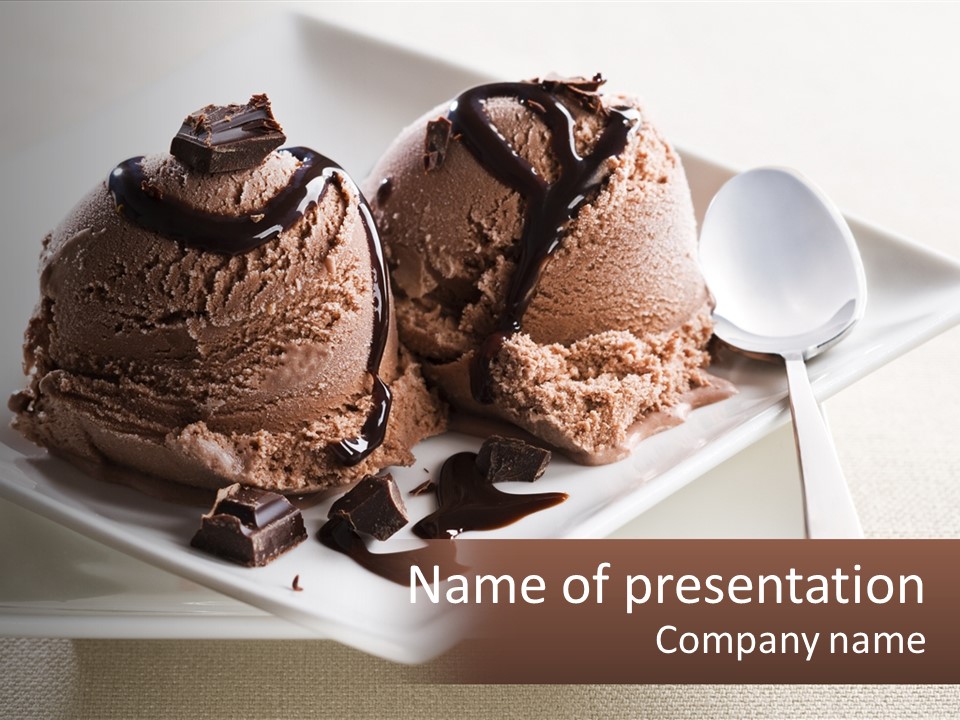 Two Scoops Of Ice Cream On A Plate With A Spoon PowerPoint Template