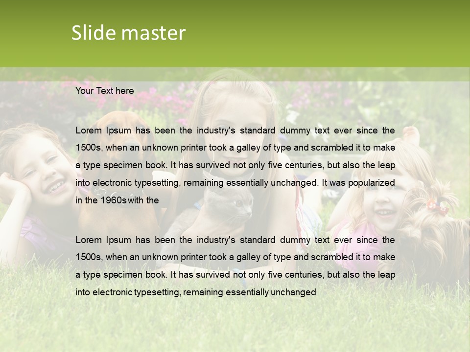 A Group Of Children Laying In The Grass With A Dog PowerPoint Template