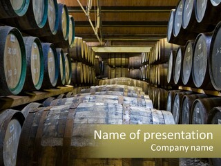 A Large Room Filled With Lots Of Wooden Barrels PowerPoint Template