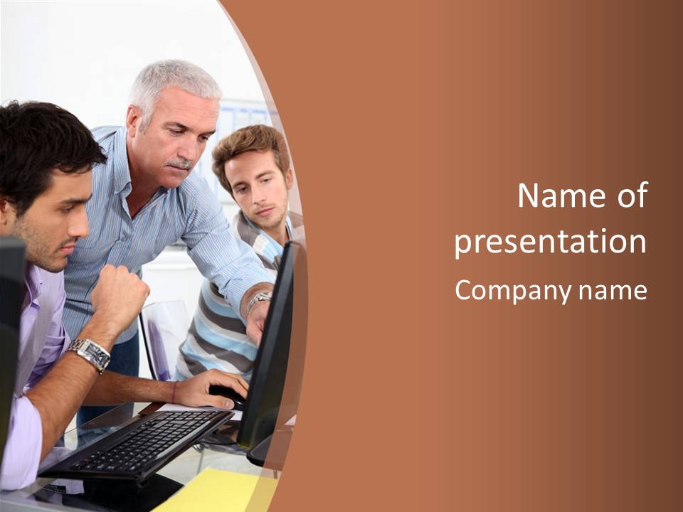 A Group Of Men Looking At A Computer Screen PowerPoint Template